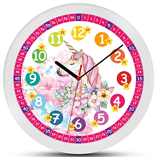 K&L Wall Art Lautlose rosa Kinder Wanduhr für Mädchen langlebige Einhorn Fee Geschenk Lernuhr 30cm groß Uhrzeit lesen Lernen Blumen Kinderuhr Lesehilfe (30cm Einhorn Prinzessin)