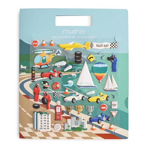 mushie Aufkleber für Kinder | Wiederverwendbares Aufkleberbuch Set Buch | Abnehmbare Puffy-Aufkleber Bastelaktivität (Rennwagen)