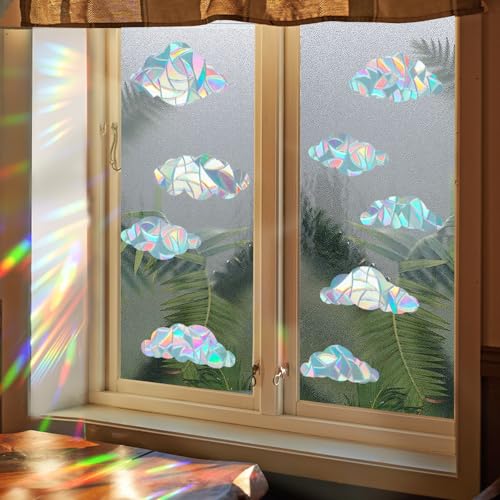 GORGECRAFT 8 Stück Rainbow Window Clings 3D Dekorative Fensterfolie Groß Wolkenform Prisma Fensteraufkleber Vogel Anti Kollisions Fenster Aufkleber Wolke Suncatcher Durchscheinende Statische Aufkleber