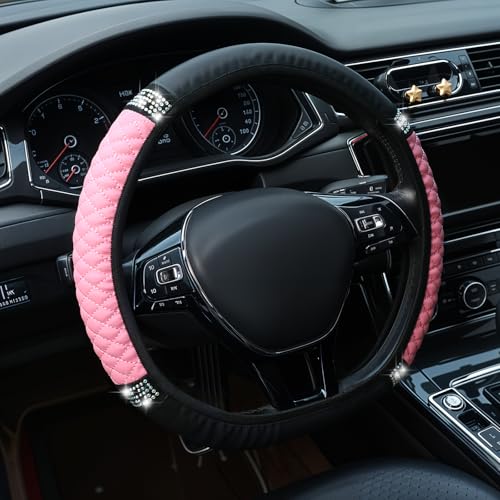 Auto-Lenkradbezug, Bling Leder Lenkradabdeckung Farbe Diamantbesetzte, Universal Elastisches Autolenkradzubehör mit Strasssteinen für Frauen und MäDchen, Autoinnenausstattung (Pink)