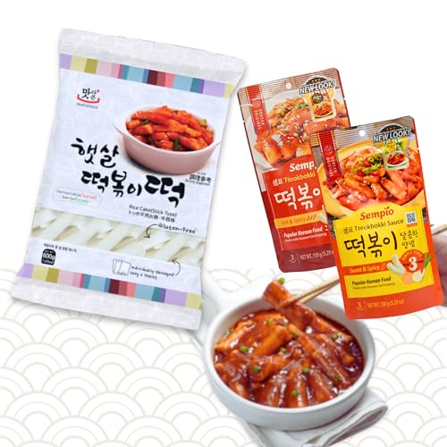 Rice Cake Stick Reiskuchen mit verschiedenen Tteok-bokki/Topokki Soßen aus Südkorea, einfach und schnell zuzubereiten (1x Rice Cake 600g, 1x Topokki Sauce Spicy und 1x Sauce Sweet 150g)