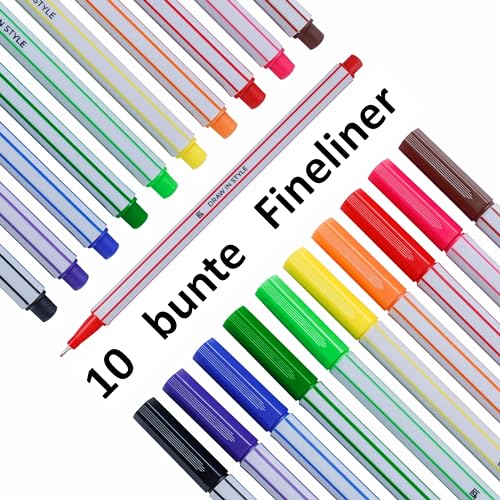 Fineliner Standardfarben - 10er Pack - mit feiner 0,4mm Spitze - Filzstifte für präzises Schreiben, Zeichnen und Malen - mit metallgefasster Faserspitze - für Büro, Schule, Uni und Zuhause - Bunt Set