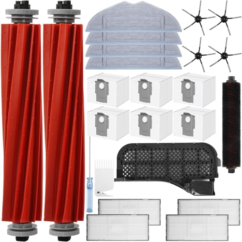 24 Stück Zubehör für Roborock S7 MaxV Ultra, Ersatzteile für Roborock S7 Pro Ultra, 2 Hauptbürste, 4 Wischtücher, 4 Filter, 4 Seitenbürsten, 6 Staubbeutel, 1 Reinigungsbürste& Wasserfilter Zubehör