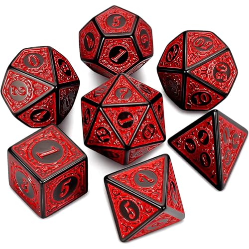 KSJEHW DND Dice Polyedrisches Würfel Set - 7 Stück für Dungeon und Dragons MTG RPG D&D D20, D12, D10, D%, D8, D6, D4 (Rote Gravurmuster)