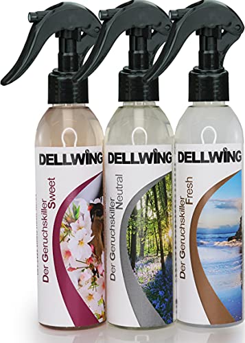 DELLWING Der Geruchskiller Premium Box Geruchsneutralisierer Spray 3 x 250ml – Mikrobiologischer Geruchsentferner für Wohnung, Auto, Katzen, Hunde, Schuhe, Rauch, Kleidung uvm.