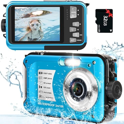 Unterwasserkamera mit 32GB Karte Digitalkamera wasserdichte 10FT 30MP FHD 1080P Kompakt 16X Digitaler Zoom Unterwasser Kinder Unterwasserkamera für Schnorcheln