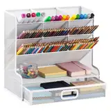 Marbrasse Schreibtisch-Organizer aus Netzstoff, Multifunktionaler Stifthalter,für Schreibtisch,Aufbewahrungsregal für Schule,Zuhause,Büro,Kunstbedarf (Mesh Pen Holder White with Drawer)