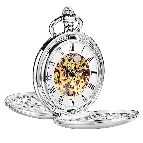 ShoppeWatch Taschenuhr mit Kette Herren Silber Ton | Taschenuhren für Herren | Mechanische Taschen Uhr Handaufzug | Steampunk Pocket Watch PW20