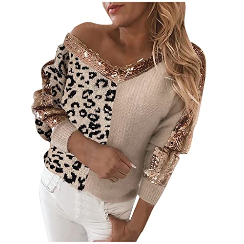 Briskorry Leopard gespleißter Pullover Damen Pailletten Sweatshirt Langarm Casual Mode Langarmshirt Glitzer V-Ausschnitt Oberteile Herbst Winter Jumper Elegant Shirt Bluse Tops Tunika