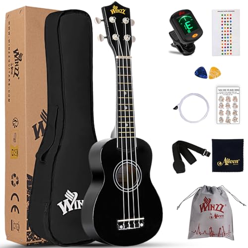 Winzz Sopran Ukulele Starter Kit für Anfänger mit Tasche, Clip-On Tuner, Zusätzlichen Saiten, Gurt, Plektron, Griffbrettaufkleber, Akkord-Karte, Poliertuch Schwarz