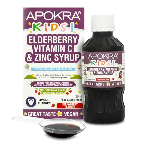 Holunderbeeren-Sirup mit Acerola-Kirschen Vitamin C und Zink | Große Flasche 150ml | Immunsystem-Booster Für Kinder | Vegan | 150ml | APOKRA Kids