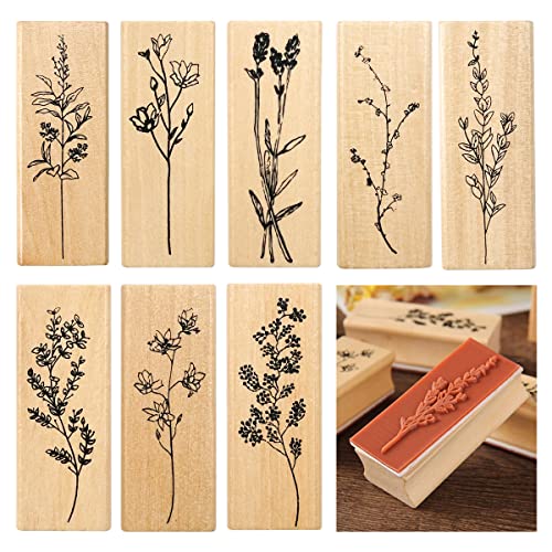 8 Stück Holzstempel Set, Stempel Blumen Holz Vintage Paper Poetry Stempel Pflanzen Blumen Töpferzubehö Stempel Blätter Natürliche Pflanzen Mustern Holzstempel zum Basteln für DIY Fotoalben Sammelalben