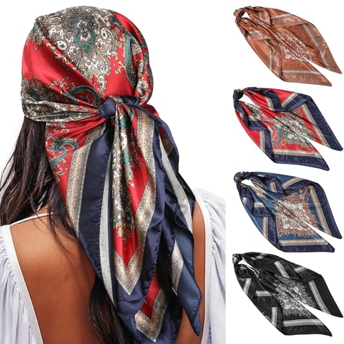 WELROG 90x90cm Große quadratische Fleckschals für Damen 4 PCs Frauen Seidig wie Kopftuch Bandanas Haarschal Halstuc Schlafringe (Set #12)