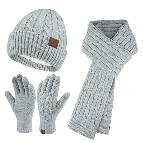 ZASFOU Damen Winter Mütze Schal Touchscreen Handschuhe Set Thermo Strickmütze Beanie Wintermütze Schals Winterschal Winterhandschuhe Geschenk für Frauen