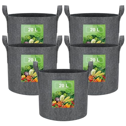 VIEWALL 20 L Pflanzsack aus Stoff,Kartoffelsack mit Griff, Wiederverwendbare Pflanzkübel Pflanztasche für Anbau von Kartoffeln,Tomaten,Gemüse,Blumen,Verdickter und Belüfteter Stofftöpfe,5 Stück,Grau
