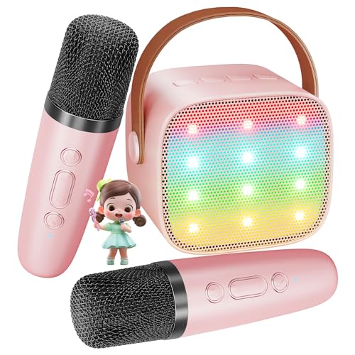 BONAOK Mikrofon Karaoke 2, Bluetooth Karaokemaschinen für Kinder Erwachsene, Tragbarer Karaoke-Player zum Aufladen, Kinder Elektronisches Spielzeug (Rosa)