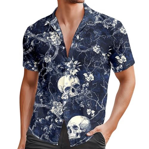 Hawaii Hemd Herren Strand Shirt Kurzarmhemd mit Totenkopf Muster Revershemd Regular Fit Knopfleiste Kurzarm Freizeithemd Casual Männer Lustig Shirt Oberteile Top Klassisch Hemd