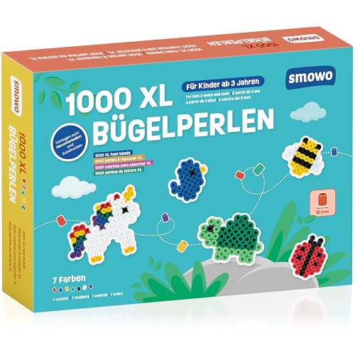 Smowo® Große 10mm Bügelperlen 1000 Stück für Kinder ab 3 Jahren - 7 bunte Farben XL Steckperlen - Kreatives Perlenset