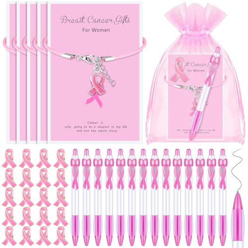 Ferreve 48-teiliges Set für Brustkrebs-Bewusstseinsartikel, Großpackung, rosa Krebspatienten, Überlebende, Geschenke, inklusive rosa Schleife, Stifte, Armbänder, Organza-Beutel, Krebsüberlebende,