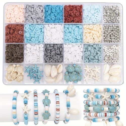 DIY Perlen-Set für Schmuckherstellung – Polymer Clay Perlen & Anhänger (Seestern, Schildkröte, Muschel) in 18 Farben | Perfekt für Armbänder, Halsketten | Inkl. Elastischer Faden & Organizer-Box