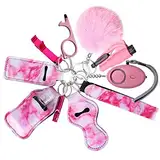 RosyFate Selbstverteidigung Schlüsselanhänger Set Frauen, 8 in 1 Self Defense Keychain Set, Sicherheits-Schlüsselanhänger-Zubehör, Sicherheitsalarm, Sicherheitshammer mit Gurtschneider (Rosa)