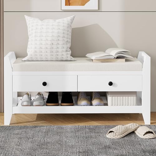 Moimhear Moderne Schuhbank mit Sitzfläche und Stauraum, Soft Kissen-Oberfläche, Schuhregal für Eingangsbereich (Weiß)