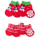 4 Paare Weihnachten Anti-Rutsch Hundesocken,Rot Hund Pfote Protector,Weiche Katzensocken,Socken für Haustiere mit Gummiverstärkung,Pfotenschutz und Traktion Dank Silikon-Gel,für Indoor Outdoor Hunde