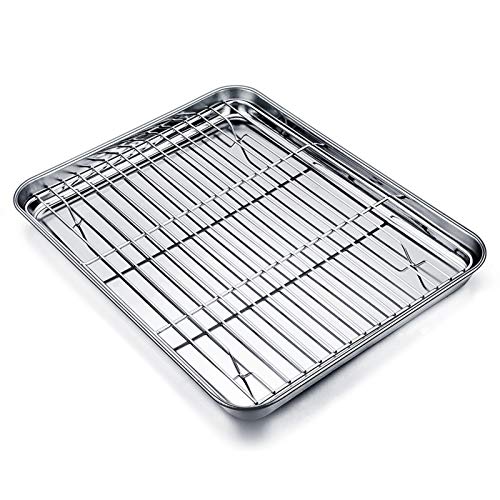 TEAMFAR Backblech mit Abkühlgitter, Edelstahl Klein Backform Mini-Ofenschale und kuchengitter auskühlgitter, 26,3x20,5x2,5cm, Gesund & ungiftig, Leicht zu reinigen und spülmaschinenfest