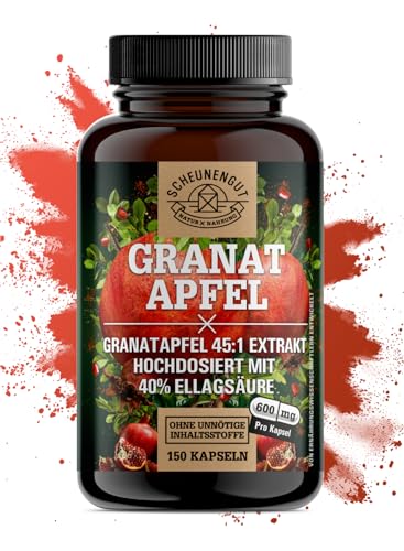 Granatapfel Kapseln -2400mg je Tagesdosis- WICHTIG: 45:1 Extrakt (=108000mg reiner Granatapfel) +40% Ellagsäure I 150 Granatapfel Extrakt Kapseln I Laborgeprüft -DE- SCHEUNENGUT®