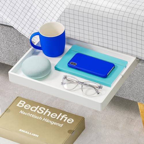 BedShelfie Nachttischregal für Etagenbett und oberes Etagenbett, Essentials für Studentenwohnheimzimmer, Hochbett-Nachttisch-Organizer zum Anklipsen, Nachttisch-Tablett – weiße Holzrutsche
