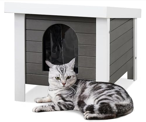 Wetterfestes Katzenhaus für draußen 61 x 45 x 46 cm, Outdoor Cat House, Isoliertes Katzenhaus für Winter und Sommer aus Recyceltem Kunststoff, Erhöhtes Design mit Aufklappbarem Dach Katzenunterkunft