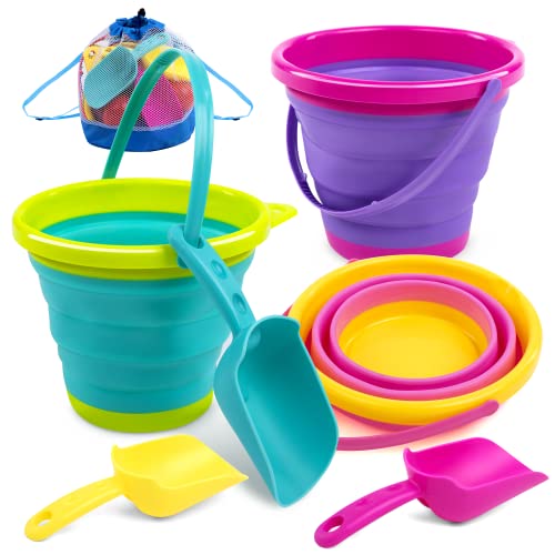 JOYIN 3 Packungen Faltbares Strand Eimer Set,Sandkasten Faltbare Sandspielzeug Eimer mit Netz-Rücksack für Kinder, Campingausrüstung, Sandparty