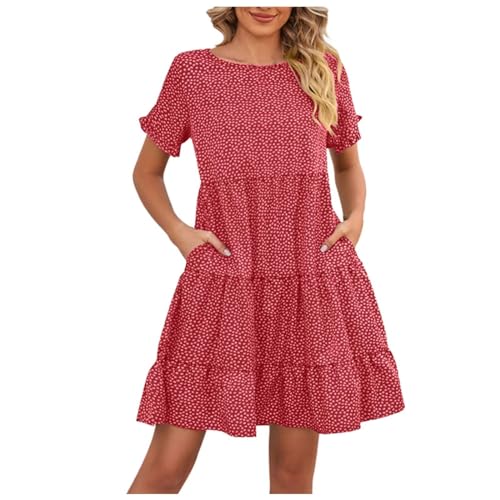 Sommerkleider Damen Knielang Elegant Kleid Blumenmuster Neckholder Freizeitkleider Vintage Tunika Beach Midikleid Kurzarm Strandkleid Freizeitkleid Swing Mini Kleid Sommerkleider T-Shirt Kleid