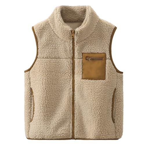 ANIMQUE Kleinkind Polar Fleece Gilet Verdicken Jungen Mädchen Kinder Ärmellos Stehkragen Schwirren Jacke Eltern-Kind Oberteile Farbblockiert Taschen Oberbekleidung, Khaki 120