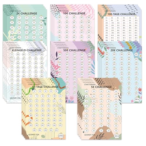 32 pcs Sparchallenge Budgetplaner,budget planner deutsch,budgetplaner,geld sparen challenge,sparchallenge vorlagen,sparchallenge set mit 2€ | 5€ | 10€ | 20€ | 50€ | Kleingeld | 52/100 TAGE