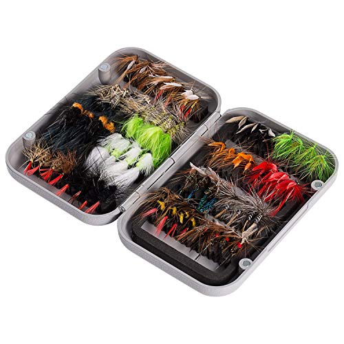 Bassdash Fliegenfischen Fliegen Set Forellenbarschangeln mit Fliegenbox, 36/64/72/76/80 / 96Stk. Mit Trockenfliegen/Nassfliegen, Nymphen, Streamers, Popper