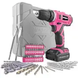 Hi-Spec Akkuschrauber und Bohrmaschinen 50tlg. – 12V Bohrmaschine in Pink Rosa mit gängigen Holz-, Metall- und Steinbohraufsätzen – Praktische Box für Frauen im Haushalt – Akkubohrer und Schrauber