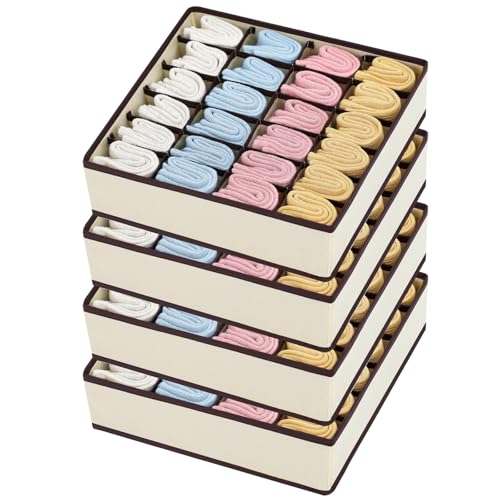 Joyoldelf 4 Stück Aufbewahrungsboxen für Socken und Unterwäsche, 24 Zellen Faltbare Boxen (Faltbox, Drawer Dividers, Schubladen Organizer Stoffboxen zum Aufbewahren von Socken(Hanfasche)