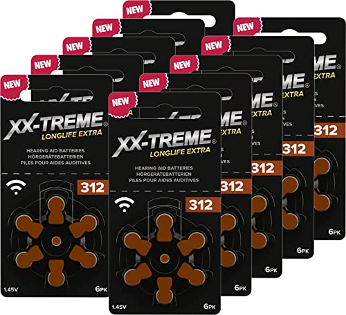 XX-Treme Longlife Extra Hörgerätebatterien Typ 312-60 Stück Hörgeräte Batterien konzipiert für höchste Leistung – Pack mit 10 Blistern à 6 Hörgerätebatterien – PR41 Farbcode braun 1,45 Volt