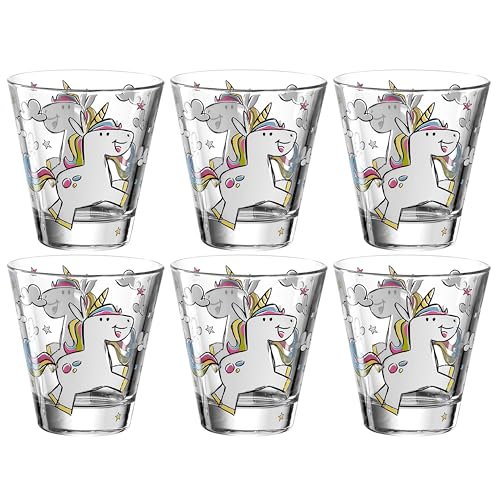 LEONARDO HOME 017902 Bambini Trinkglas 6-er Set, mit Einhorn Motiv, Kinder Becher, bunt, spülmaschinengeeignet, Glas