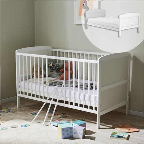 Babybett Kinderbett 70x140 Umbaubares Gitterbett höhenverstellbar & herausnehmbare Sprossen optional mit Matratze | Weiss Vollholz Kiefer Made in Europe