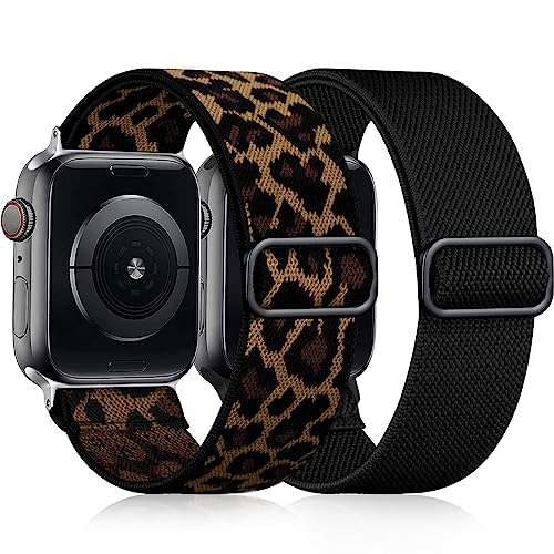 Easuny Elastisches Armand Kompatibel mit Apple Watch Armband 38mm 40mm 41mm 42mm, Verstellbares Weiches Nylon Band für iWatch Series 10 9 8 7 6 5 4 3 2 1 SE Ultra für Frauen Männer, Schwarz/Leopard