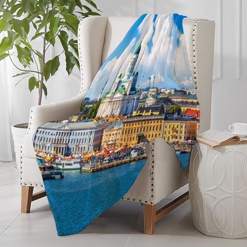 SHAARIKuscheldecke Flauschige extra weich & warm Wohndecke Flanell,Szenischer Sommer der Marktplatz-Altstadt Helsinkis finnische NordskylineSofadecke oder Bettüberwurf, 100x130cm