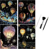 ShipeeKin 4x Kratzbilder Leuchtend 290 x 210 mm A4 Wandbild Kratzbilder Kratzpapiere für Erwachsene Kinder mit Werkzeug Set (Heißluftballon)