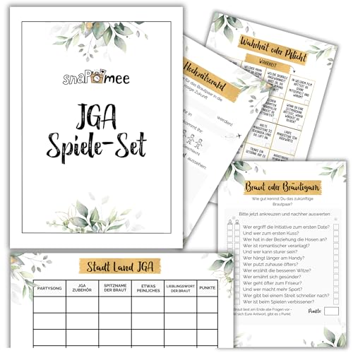 JGA Spiele Frauen 4er Set by snaPmee - 15x Braut oder Bräutigam, Stadt Land JGA, Wahrheit oder Pflicht, Hochzeitsorakel - Junggesellenabschied Partyspiele