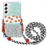 Rnrieyta Miagon Handykette Hüll für Samsung Galaxy S23 Plus Glitzer Durchsichtig Case mit Universal Blume Telefon Clip Kordel zum Umhängen Handyanhänger Halsband Lanyard