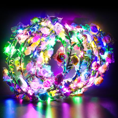 LED Blumenkranz Kopfschmucks—10 Stück Beleuchtet Blumen Lichterkette Haarschmuck Damen Kinder Leuchtkranz, Mehrfarbig Haarreifen schmuck für Hochzeiten, Feste, Karneval, Party, Maskeraden und Konzerte