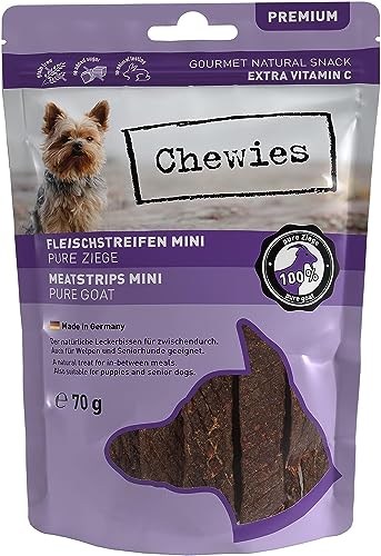 Chewies Fleischstreifen Mini aus 100% Ziege - 70 g - Fleischstreifen für Hunde - getrocknete Ziegenfleisch Kaustreifen - hypoallergen & getreidefrei - Dörrfleisch von der Ziege