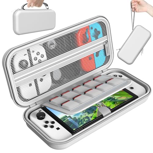 HSTOP Tasche Kompatibel mit Nintendo Switch/Switch OLED, Harte Tragetasche Hülle Case Kompatibel mit Nintendo Switch/OLED Konsole & Zubehör, Abnehmbarer Tragegriff mit 10 Spielkartensteckplätzen, Weiß