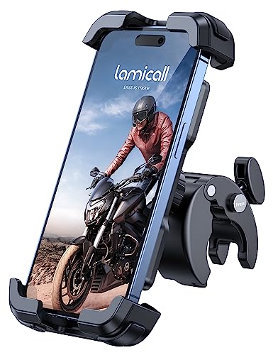 Lamicall Handyhalterung Motorrad, Handyhalter Fahrrad - 2025 Universal 360° Lenker Halter für iPhone 16 15 14 Pro Max Plus, SE, 13 12 Pro Max Mini, 11 Pro Max, Xs, XR, X, 8, 7, Samsung S23, Smartphone